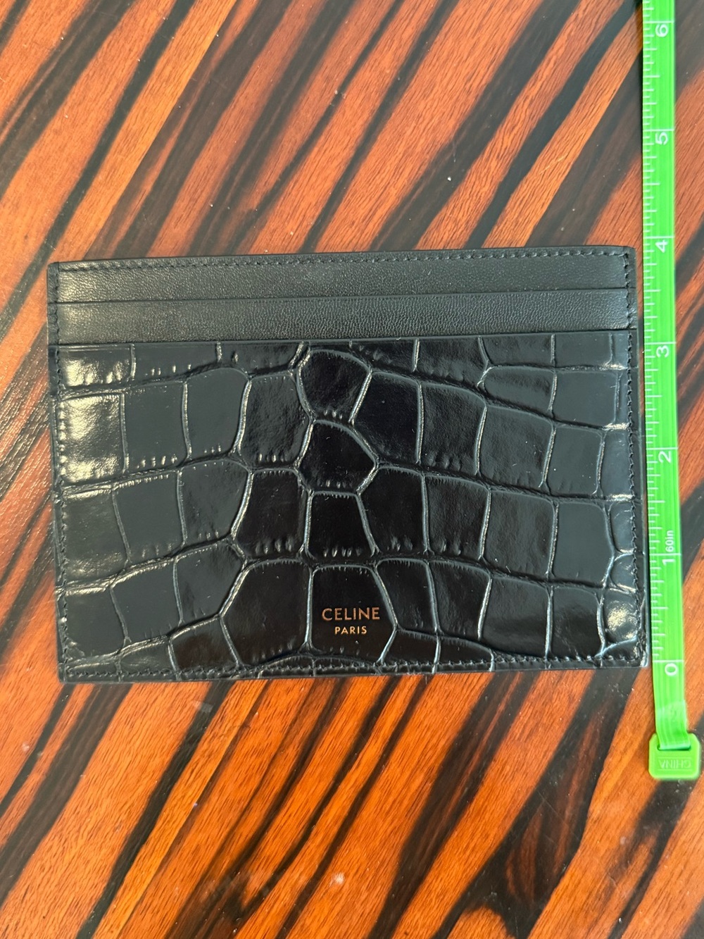 Celine Black Croc-Embossed Leather Slim Card Case with Gold Logo - Picture 3 of 4